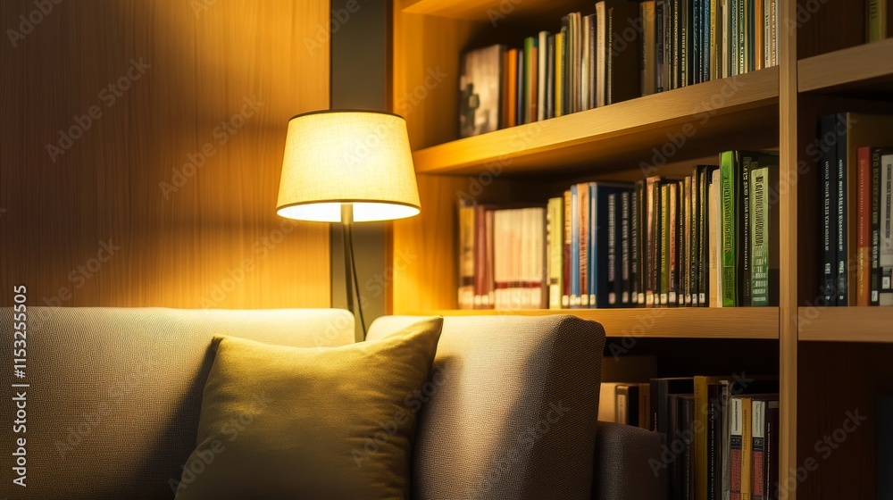 Poster a serene library reading nook with books and a reading lamp neatly set up, a cozy corner with comfor