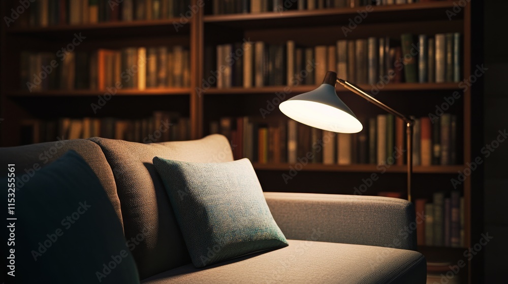 Poster a serene library reading nook with books and a reading lamp neatly set up, a cozy corner with comfor