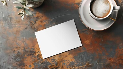A white card sits on a table next to a coffee cup