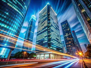 Obraz premium Modern Skyscraper Night Long Exposure Tinted Windows Cityscape Photography