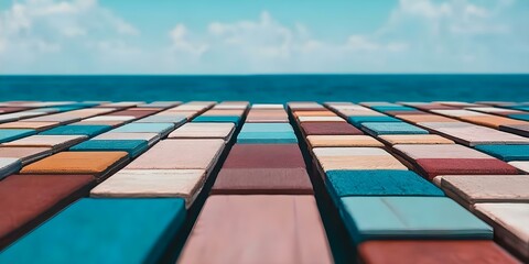 A colorful wooden deck or walkway leads to a serene ocean with a blue sky and scattered clouds in the background. Concept Vibrant Wooden Deck, Serene Ocean View, Blue Sky Scenery, Scattered Clouds
