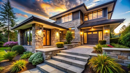 Fototapeta premium Modern Stone House Exterior, Landscaped Walkway, Candid Photography