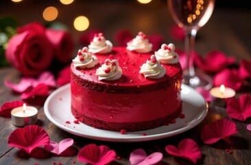 Red Velvet cake, glass of sparkling wine and roses for Valentines Day or birthday. Soft focus