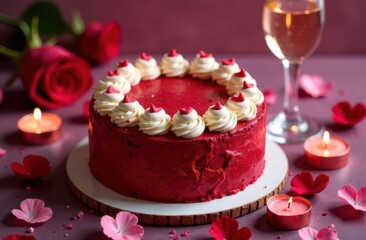 Red Velvet cake, glass of sparkling wine and roses for Valentines Day or birthday. Soft focus