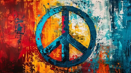 A peace sign painted in blue on a colorful abstract background.
