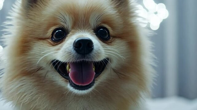 Happy pomeranian dog with a joyful expression in a cozy indoor setting during daytime