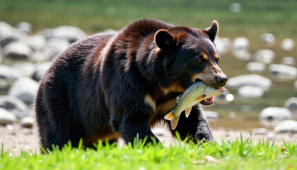 Majestic bear catching a fish amidst the serene riverbank landscape during a sunny day