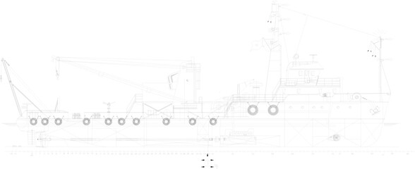 vector sketch, silhouette illustration, technical drawing, site plan section plan, fishing boat with modern equipment.eps
