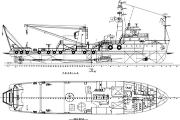 Obraz premium vector sketch, silhouette illustration, technical drawing, site plan section plan, fishing boat with modern equipment.eps