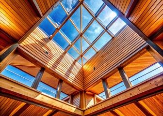 Modern Wooden Roof Structure with Angular Beams and Skylights: Architectural Design Stock Photo