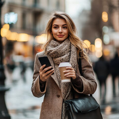 Woman enjoying coffee while texting on her smartphone in a lively urban setting during winter
