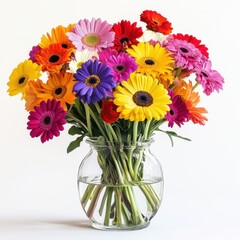 Vibrant bouquet of colorful gerbera daisies arranged in a glass vase on a bright background