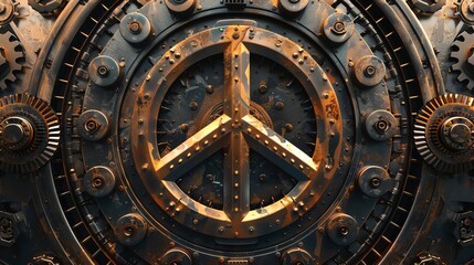 Obraz premium A peace symbol on a circular metal panel surrounded by gears and cogs.