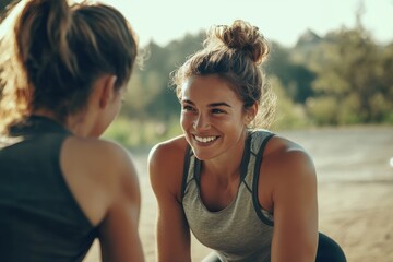 Personal trainer assisting a client during a workout session outdoors
