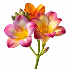 Fototapeta premium A freesia flower isolated on a transparent background, showcasing its elegant petals in vibrant shades of yellow, pink, or purple.