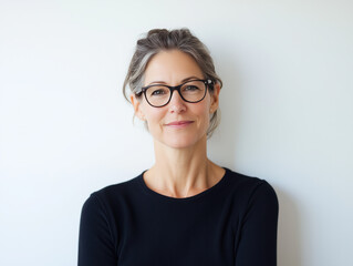 Fototapeta premium Confident and Charming: A Relaxed, Mature Woman in Glasses Exudes Sophistication and Approachability Against a Simple White Wall