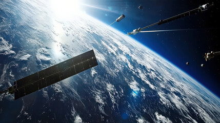 Obraz premium Awe inspiring view of Earth with space debris and satellites scene of orbital cleanup mission