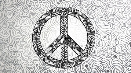 A peace symbol with a detailed design, on a background of black and white abstract swirls.
