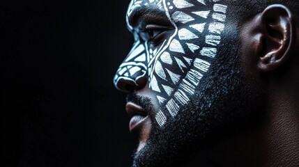 A close-up profile of a man with striking tribal face paint, showcasing intricate patterns against a dark background.