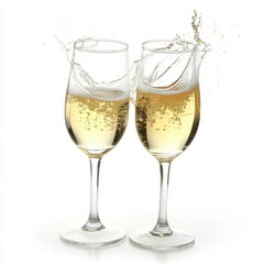 Champagne Glasses Clinking with Golden Bubbles on White Background