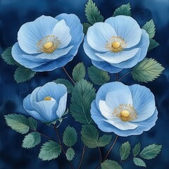 A serene composition of delicate, light blue flowers with yellow centers, set against a deep blue backdrop, exuding tranquility and elegance.