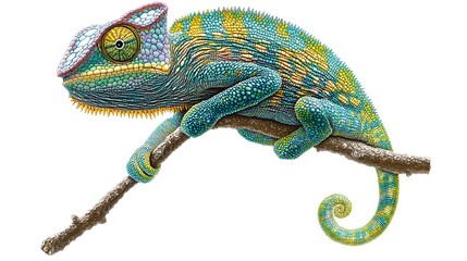 Fototapeta premium Vibrant Chameleon Perched on a Branch Displaying Stunning Coloration