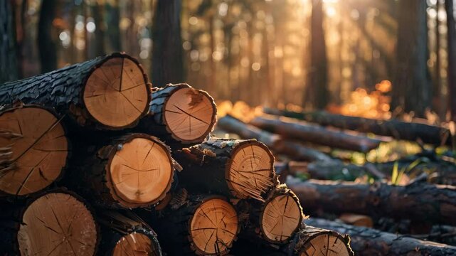 stack of felled trees in the forest, sunset view, wood processing industry