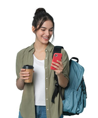 High-Quality PNG smiling woman using smartphone with coffee and backpack on transparent background