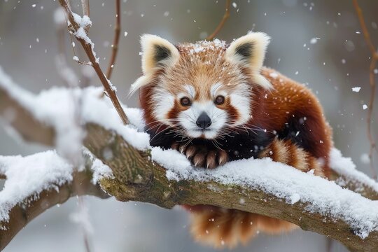 Red panda resting on a snow covered branch while snowflakes fall gently around it