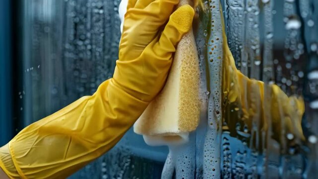 close up of washing window with foam sponge