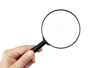 High-Quality PNG hand holding magnifying glass on white background