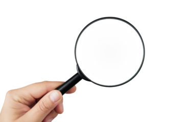 High-Quality PNG hand holding magnifying glass on white background