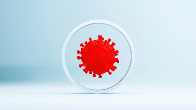 Red virus rendering in circular frame on white background