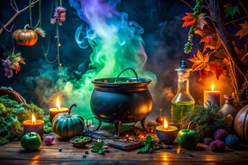 Mystical Witch's Brew: Bubbling Cauldron & Enchanting Potions - Halloween Fantasy Stock Photo