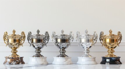 A lifelike 3D depiction of a podium with ornate gold, silver, and bronze trophy cups, set on a plain white background