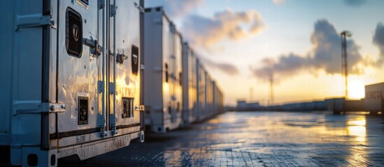 Sunset over refrigerated shipping containers in a port setting, creating a tranquil atmosphere.