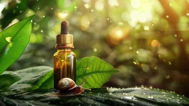 Snail mucin serum in glass bottle with a dropper on green leaf with snail and water drops. Blurred forest with warm sunlight. Natural skincare and organic beauty concept.