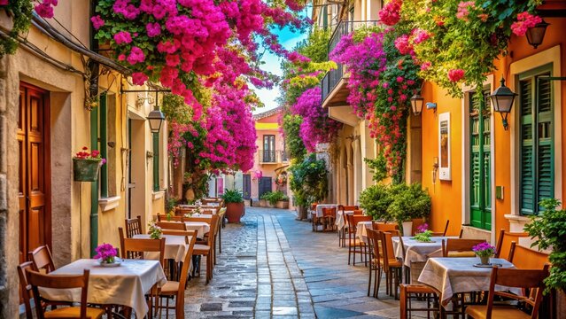 Fototapeta Nafplion Greece: Charming Restaurants & Houses, Bougainvillea Flowers, Narrow Streets - Stock Photo