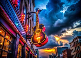 Nashville Broadway Street Neon Sign Cloudy Day - Vibrant Cityscape Stock Photo