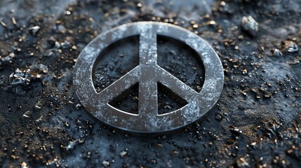 A metal peace sign rests on a rough, textured surface.
