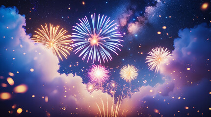 Fireworks with blur milky way background
