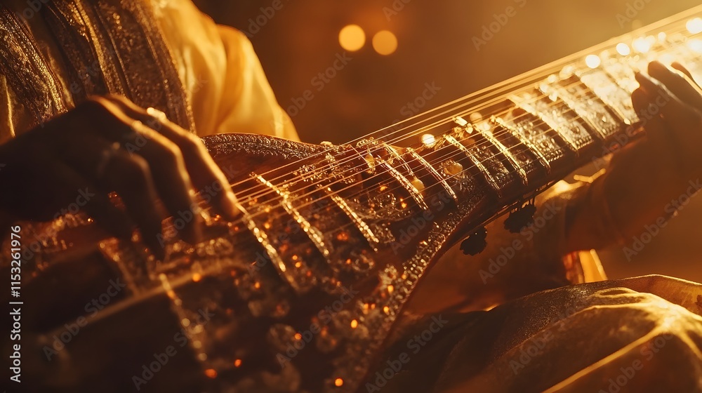 Aufkleber Close-up of a sitar being played, with intricate woodwork and strings glowing under warm light, in 4K resolution