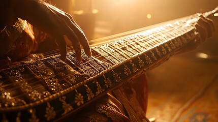 Close-up of a sitar being played, with intricate woodwork and strings glowing under warm light, in 4K resolution