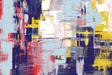 Fototapeta premium Striking abstract painting where textured layers of blue, yellow, and deep red interact, forming a visually captivating design full of modern energy and rustic appeal