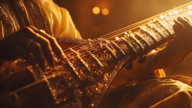 Close-up of a sitar being played, with intricate woodwork and strings glowing under warm light, in 4K resolution