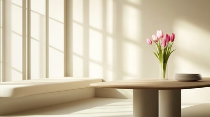 Sunlit minimalist room with tulips.