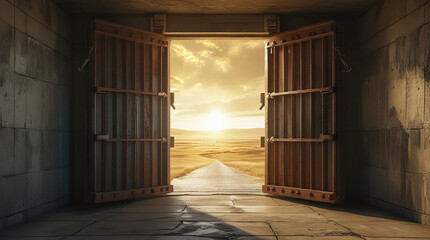 The Moment of Liberation: A Rusted Prison Door Leading to Expansive Freedom