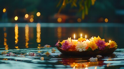 Close-up of a water lantern (krathong) decorated with flowers and candles floating in calm waters during Loy Krathong, in 4K resolution
