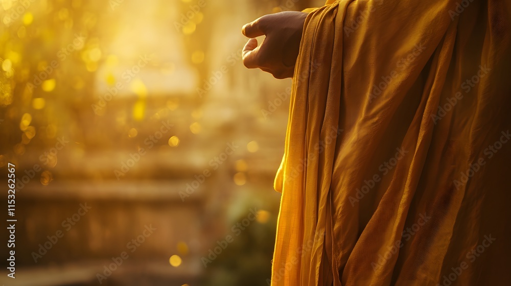 Poster close-up of a monk holding a saffron robe under soft morning light, with intricate temple details in