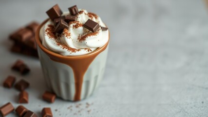 Delicious Hot Chocolate with Creamy Topping and Chocolate Chunks on Gray Table for Cozy Winter Moments and Sweet Treat Inspirations